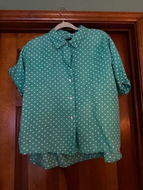RACHEL Rachel Roy Teal Polka Dot Short Sleeve Button-Down Shirt